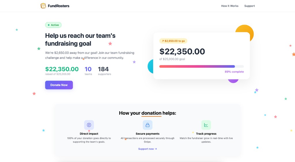 Example fundraiser page with donation form and progress bar